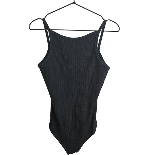 Lulus Womens Sz M Black Ribbed Thong Bodysuit Spaghetti Strap NEW