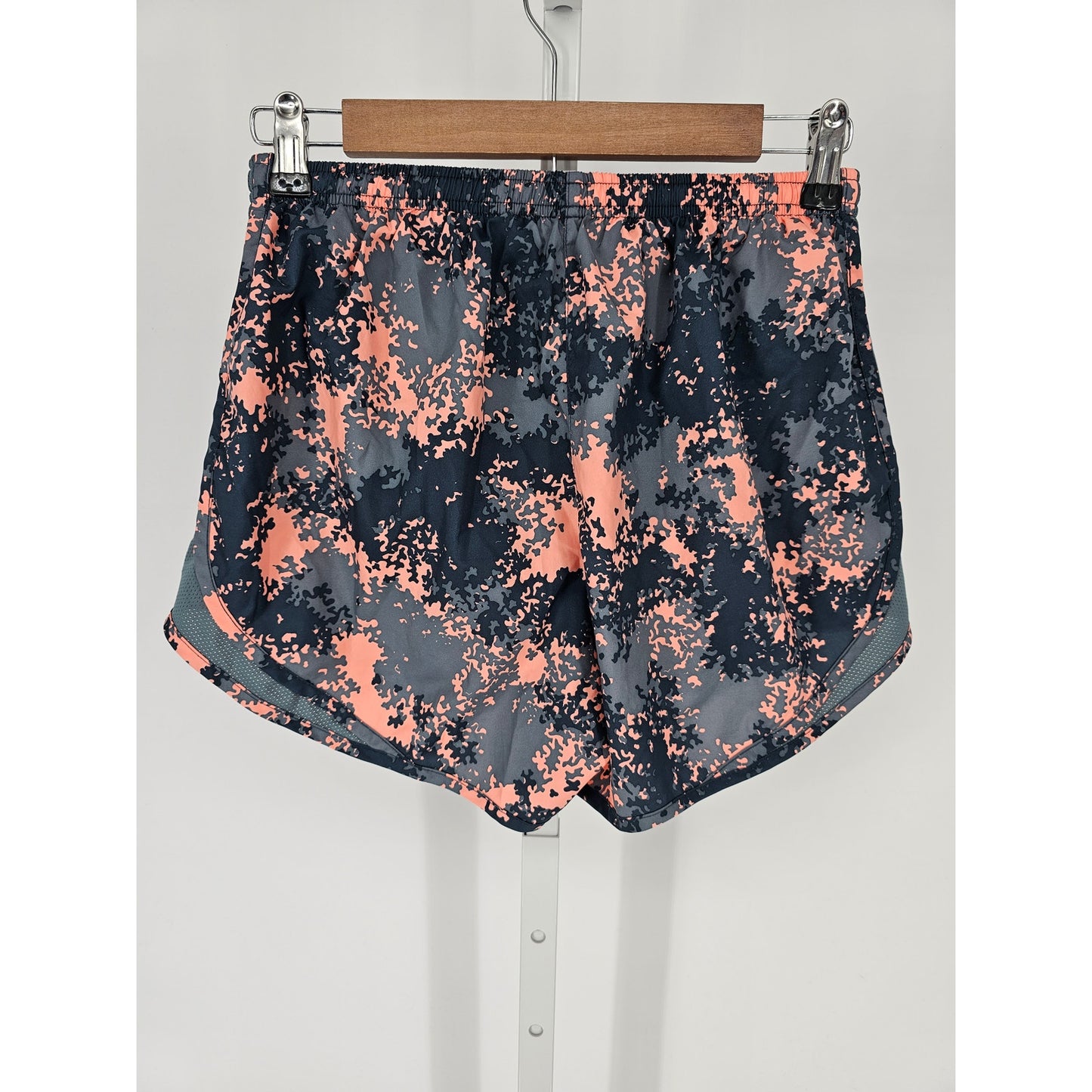 Nike Dri Fit Womens Sz M Lined Running Shorts Black Orange Pixel Camo Print