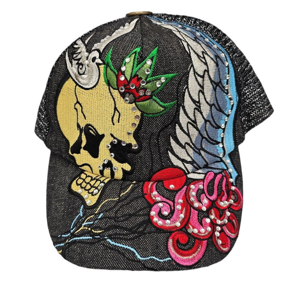 Stephanie HeadWear Embellished Rhinestones Skull Love Roses Cap Hat