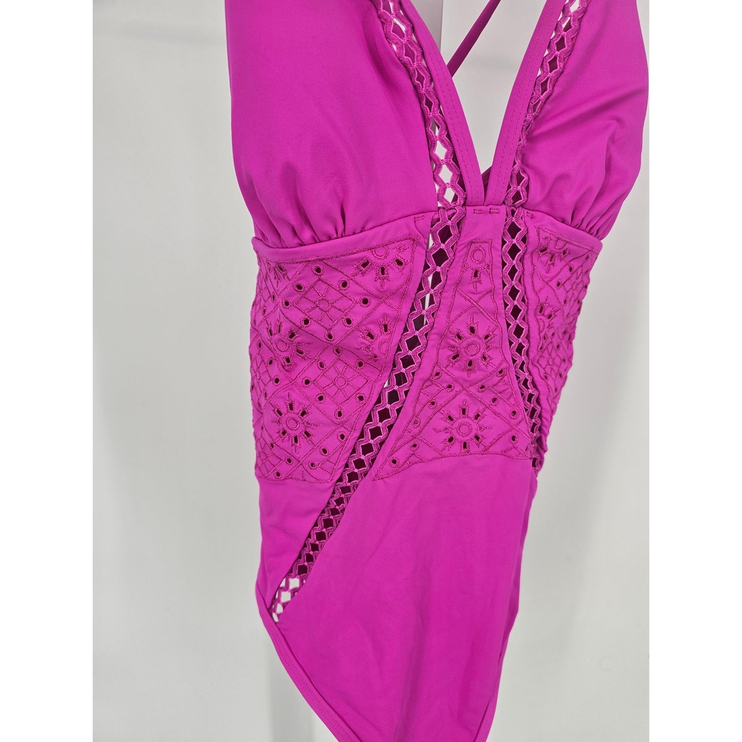 Ambrielle Womens Sz L One Piece Swimsuit Bright Pink w/ Crochet Cutouts