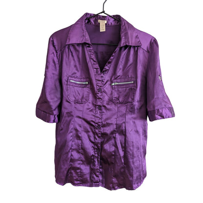 Vintage Y2K Voice Womens Sz L Satin Button Up Blouse Purple Metallic