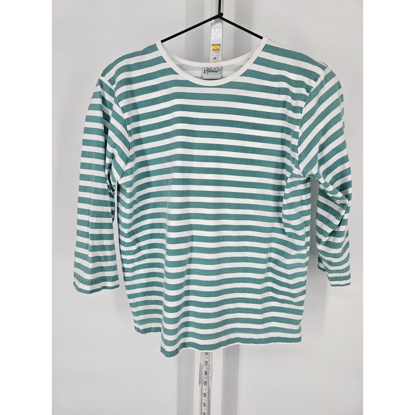 Vintage Haband Womens Sz S 3/4 Sleeve T Shirt Teal and White Striped 1990s