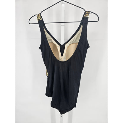 Roxanne Womens Sz 10 34C One Piece Swimsuit Black w/ Gold Trim Slimming