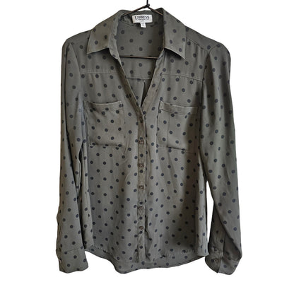 Express Womens Sz XS Long Sleeve Portofino Dress Shirt Olive Black Polka Dot