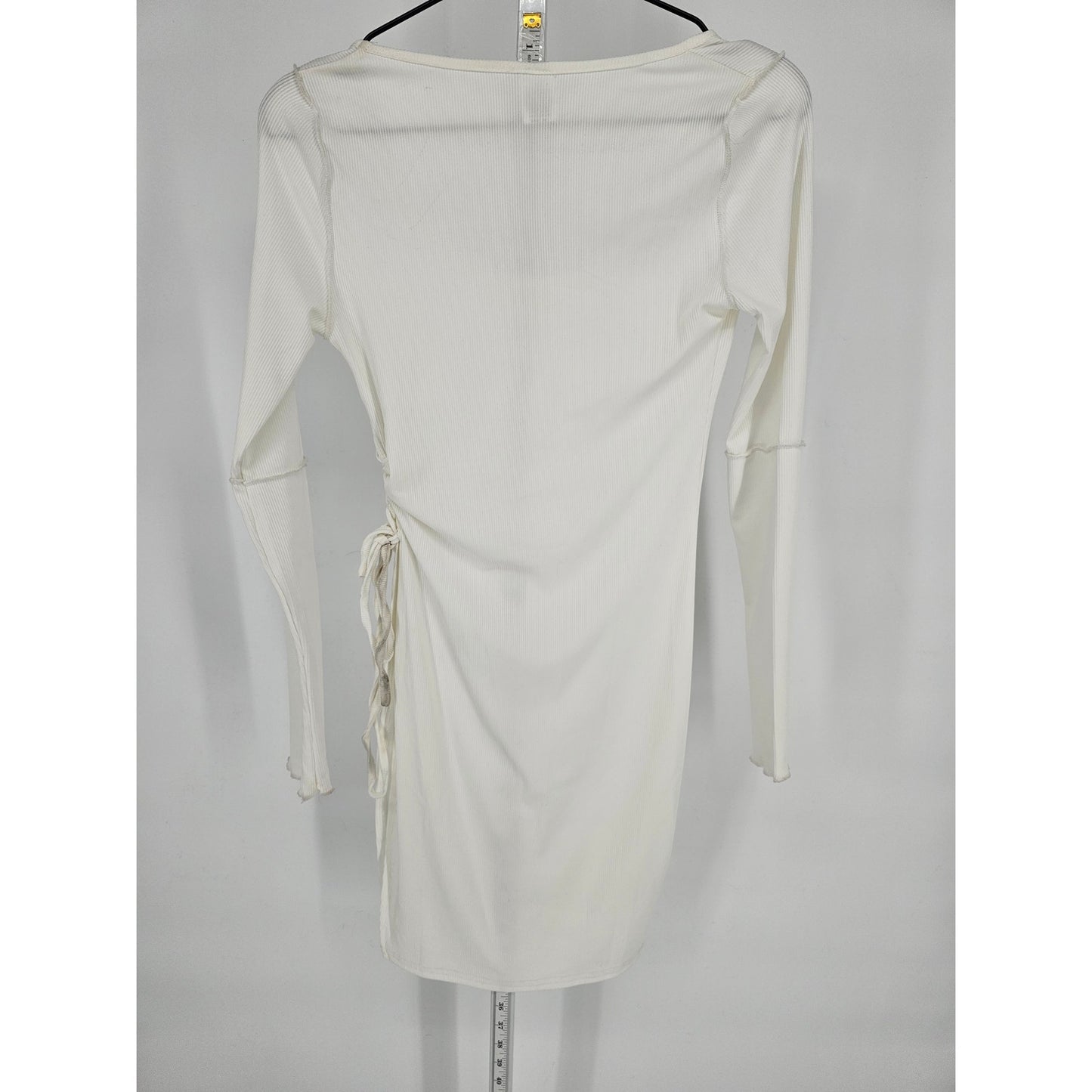 Shein Womens Sz S Long Sleeve Above Knee Dress White Ribbed Tie Side