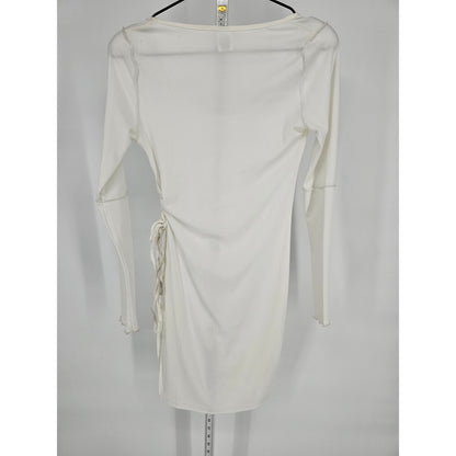 Shein Womens Sz S Long Sleeve Above Knee Dress White Ribbed Tie Side