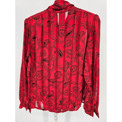 Vintage 1960s Womens Sz M Long Sleeve Blouse Black Red Paisley Print Bow Neck