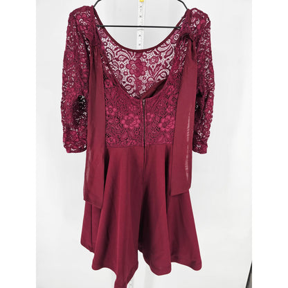 B Darlin Womens Sz 16 Above Knee Cocktail Dress Burgundy Red Lace Overlay