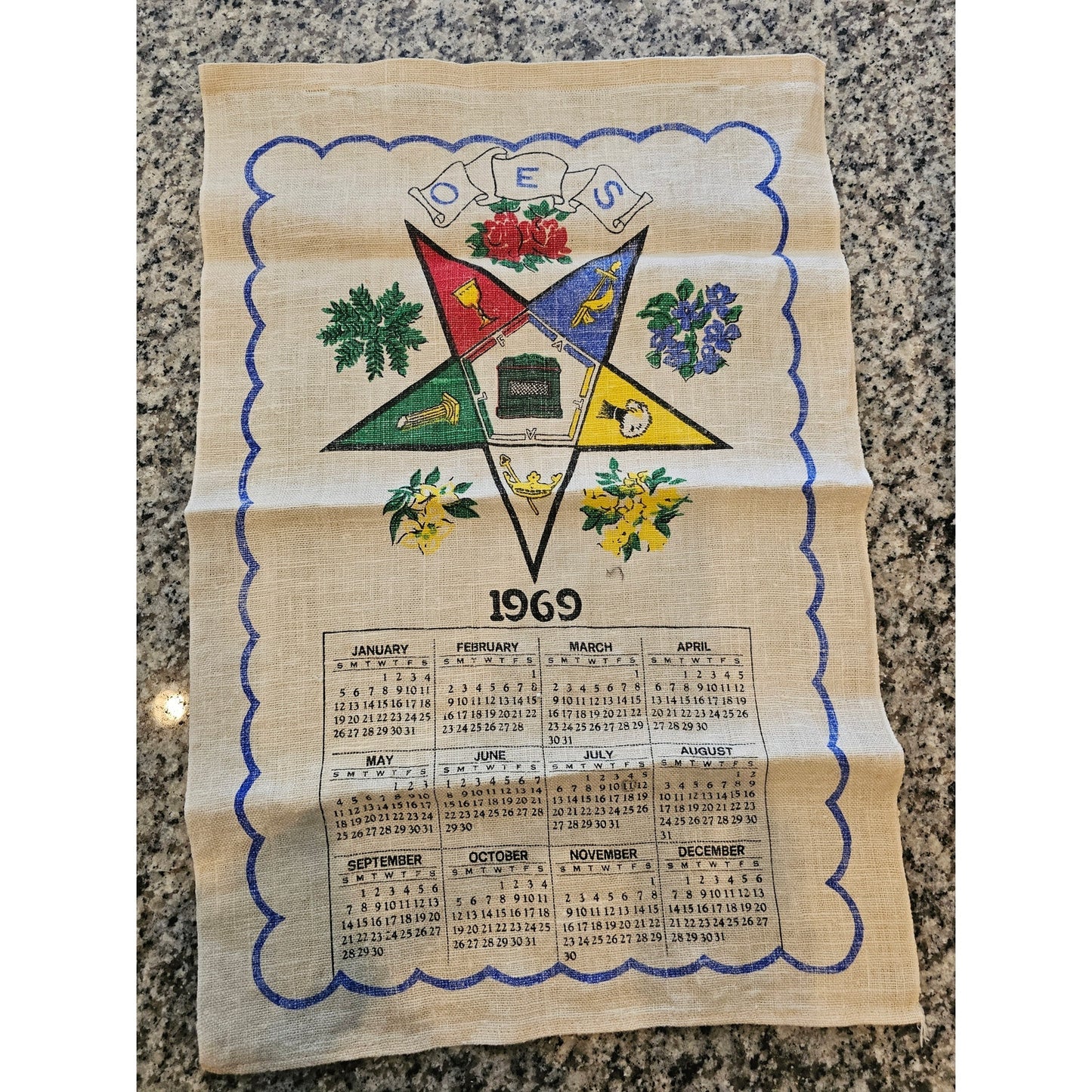 1969 Order of the Eastern Star Masonic Fabric Stevens Towel Linen Calendar