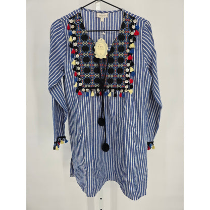 Velzera Womens Sz S Long sleeve Tunic Top Blue Embellished Tassels NEW