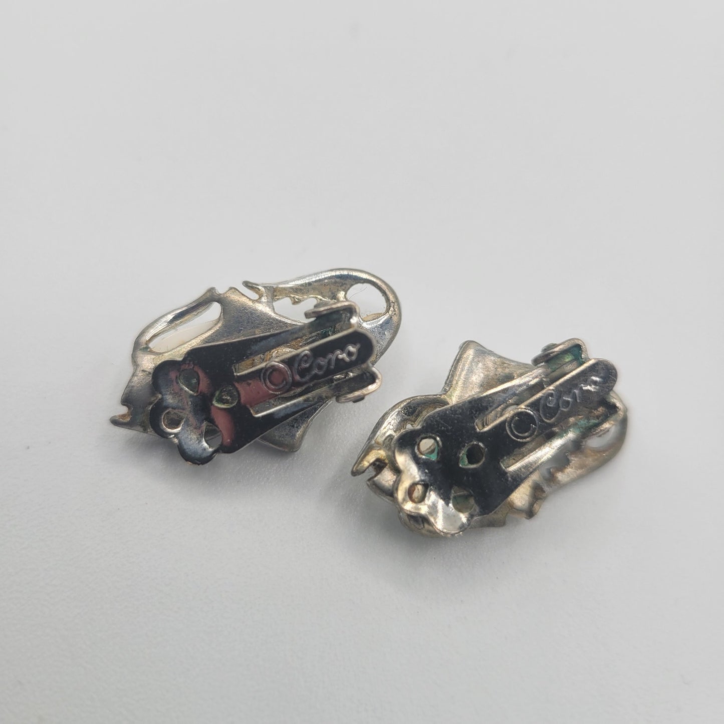 Vintage BARCS Silver TONE Amber Orange Glass CABOCHON Clip ON Earrings