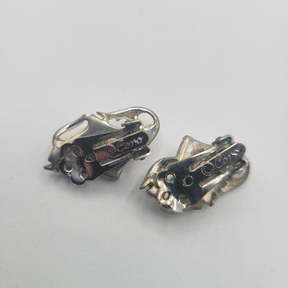 Vintage BARCS Silver TONE Amber Orange Glass CABOCHON Clip ON Earrings