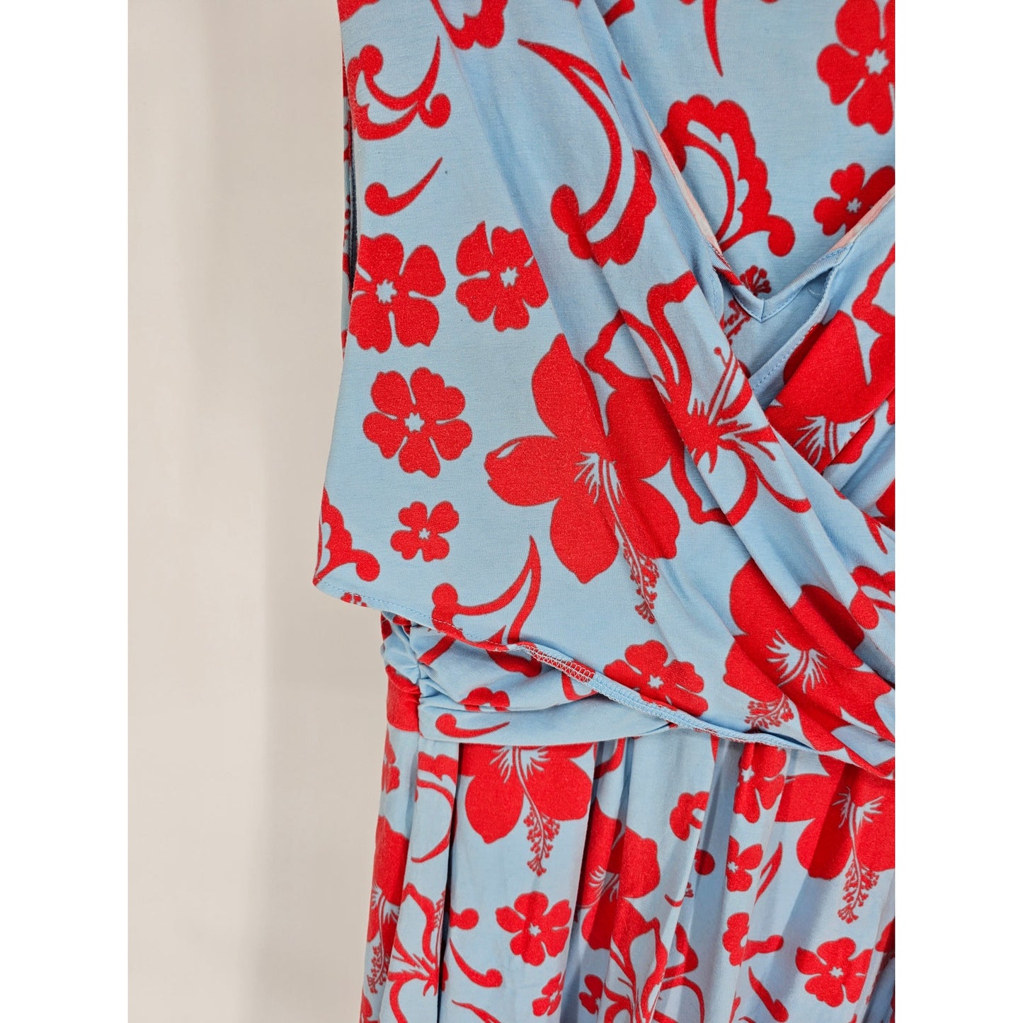 Lands End Womens Sz M Knee Length Sleeveless Dress Blue Red Tropical Floral