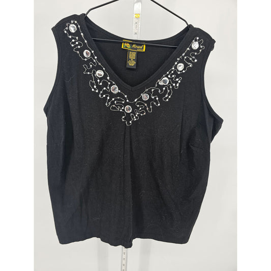 Mirasol Womens Sz 1X V Neck Sleeveless Blouse Black Embroidered Neckline