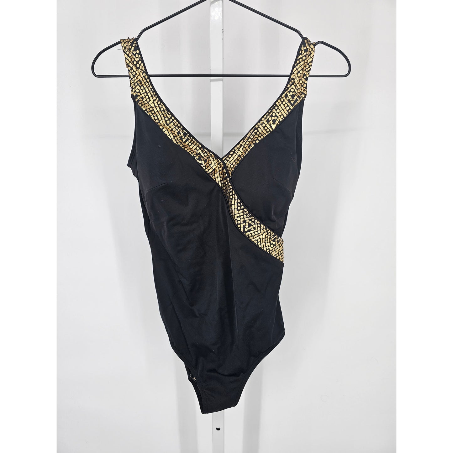 Roxanne Womens Sz 10 34C One Piece Swimsuit Black w/ Gold Trim Slimming