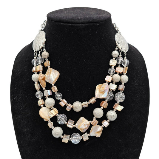 Vintage Statement Piece Stone Beaded Multi Strand Necklace Cream Silver