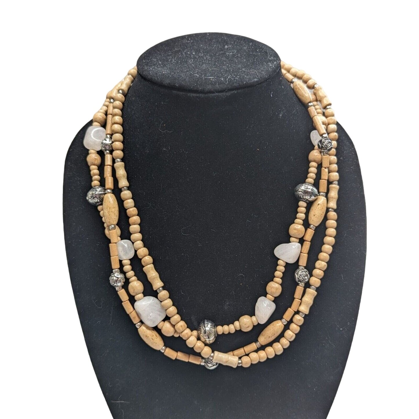 Vintage 3 Strand Wood Wooden Beaded Necklace w/ Natural Stone Beads