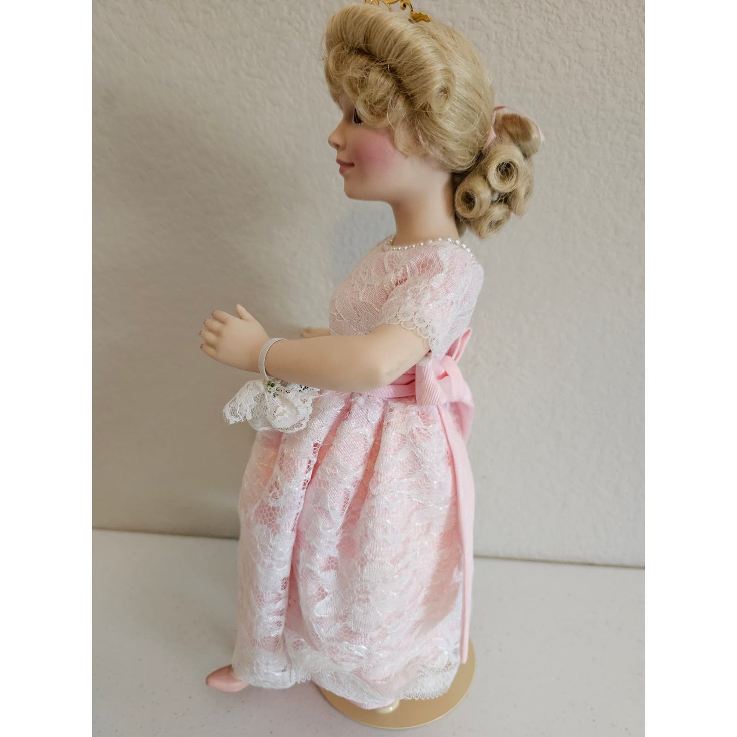 Vintage 1990s Porcelain Doll Blonde Hair Ballerina Light Pink Dress