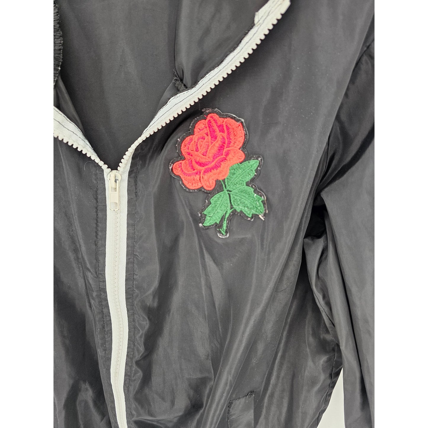 Juniors Sz M Zip Up Windbreaker Bomber Jacket Black White Rose Patch