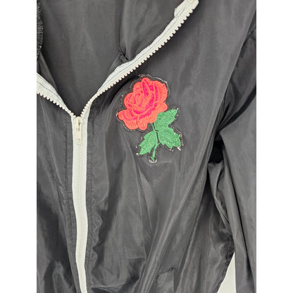 Juniors Sz M Zip Up Windbreaker Bomber Jacket Black White Rose Patch