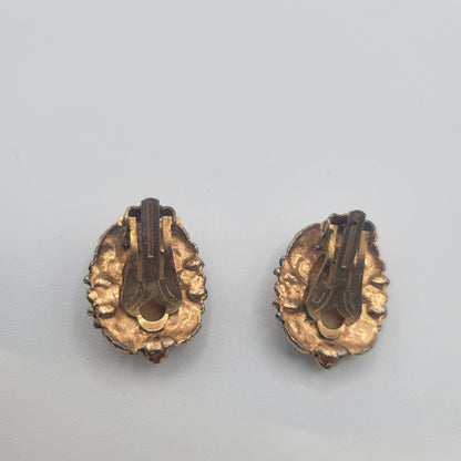 Vintage BARCS Silver TONE Amber Orange Glass CABOCHON Clip ON Earrings