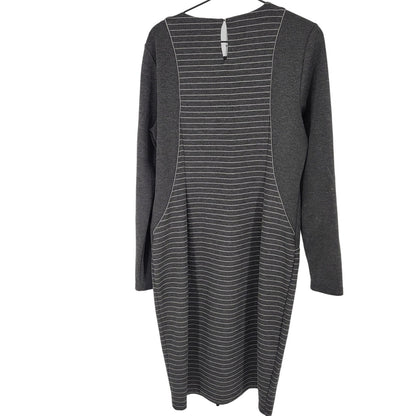 Spense Womens Sz 12 Long Sleeve Midi LEngth Dress Gray White Striped Fitted