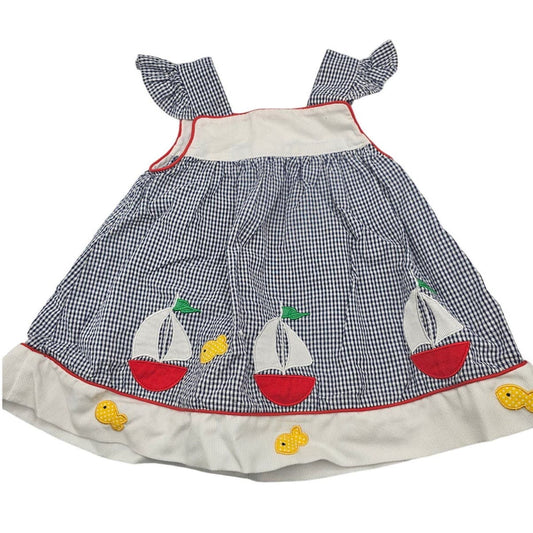 Copper Key Girls Sz 2T Knee Length Gingham Dress Sailboat Applique Vintage