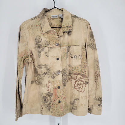 Chicos Womens Sz 1 (M) Button Up Jacket Linen Blend Tan Floral Print