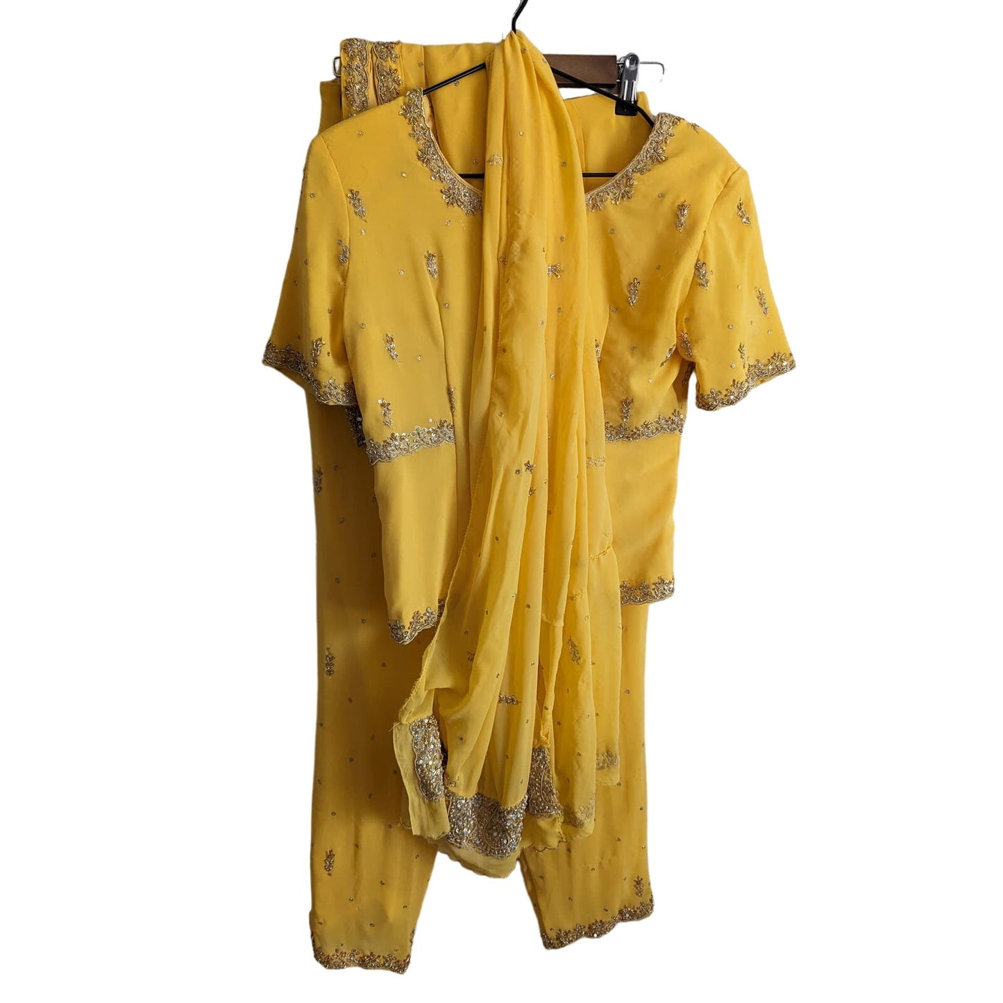 Vintage 1960s Indian Style Womens Skirt Pants Blouse Set Gold Embroidered