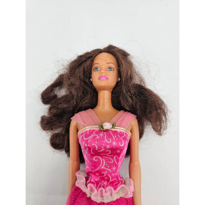 Vintage 1990s Barbie Pretty Princess Pink Dress Doll Brown Hair Curly