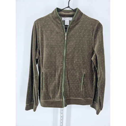 Dressbarn Womens Sz M Full Zip Velour Track Jacket Olive Green Glitter Dots