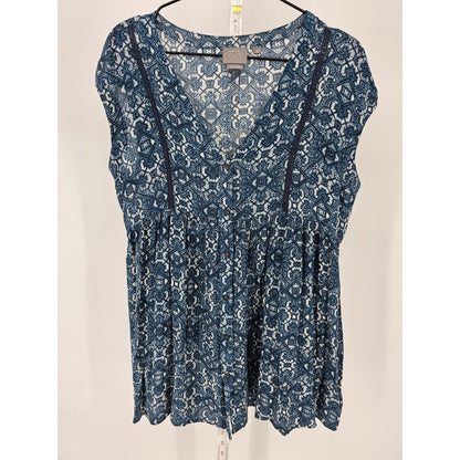 Vanessa Virginia Womens Sz XS Short Sleeve Blouse Blue Geometric Anthropologie