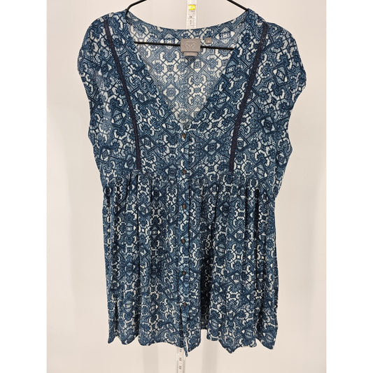 Vanessa Virginia Womens Sz XS Short Sleeve Blouse Blue Geometric Anthropologie