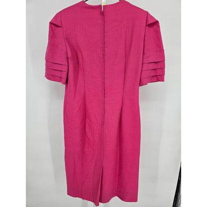 Vintage 1960s Womens Sz 14 Midi Length Formal Dress Bright Pink Short Sleeve
