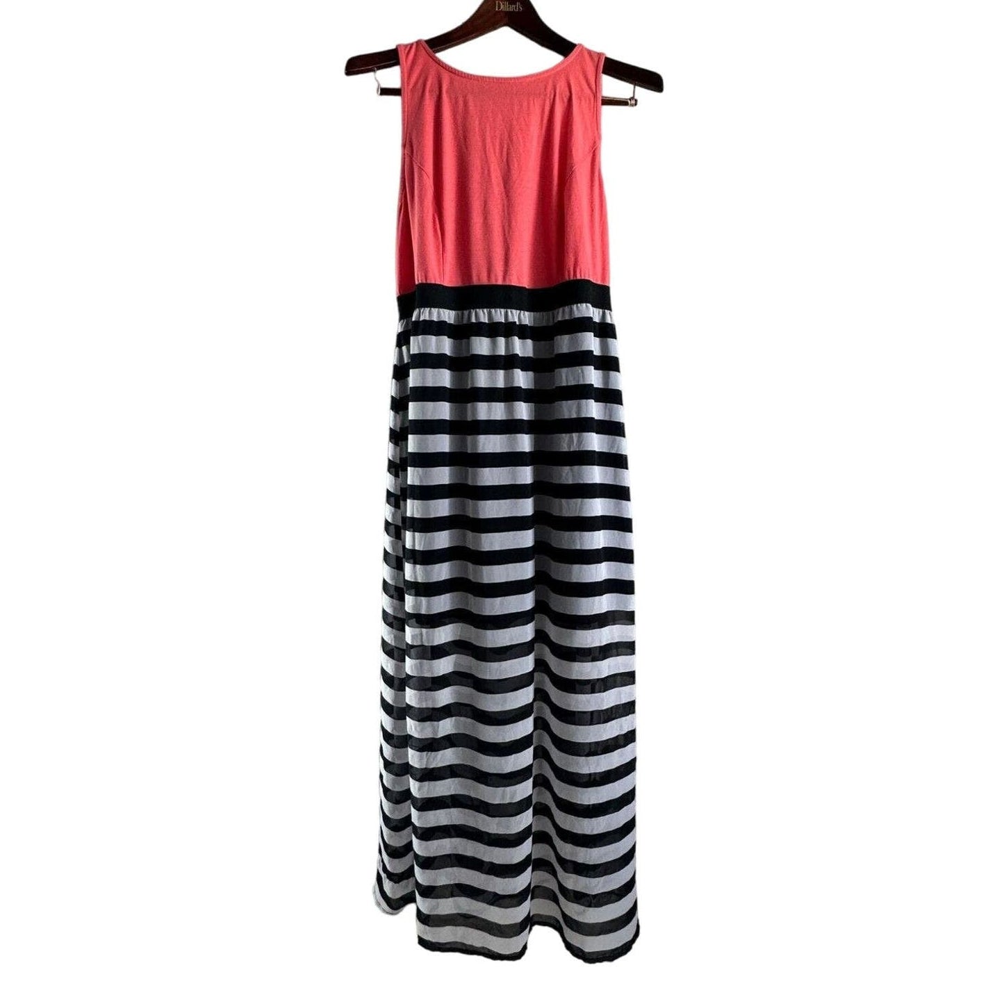 Xhilaration Womens Sz XL Maxi Dress Coral Pink Black Gray Striped Keyhole Back