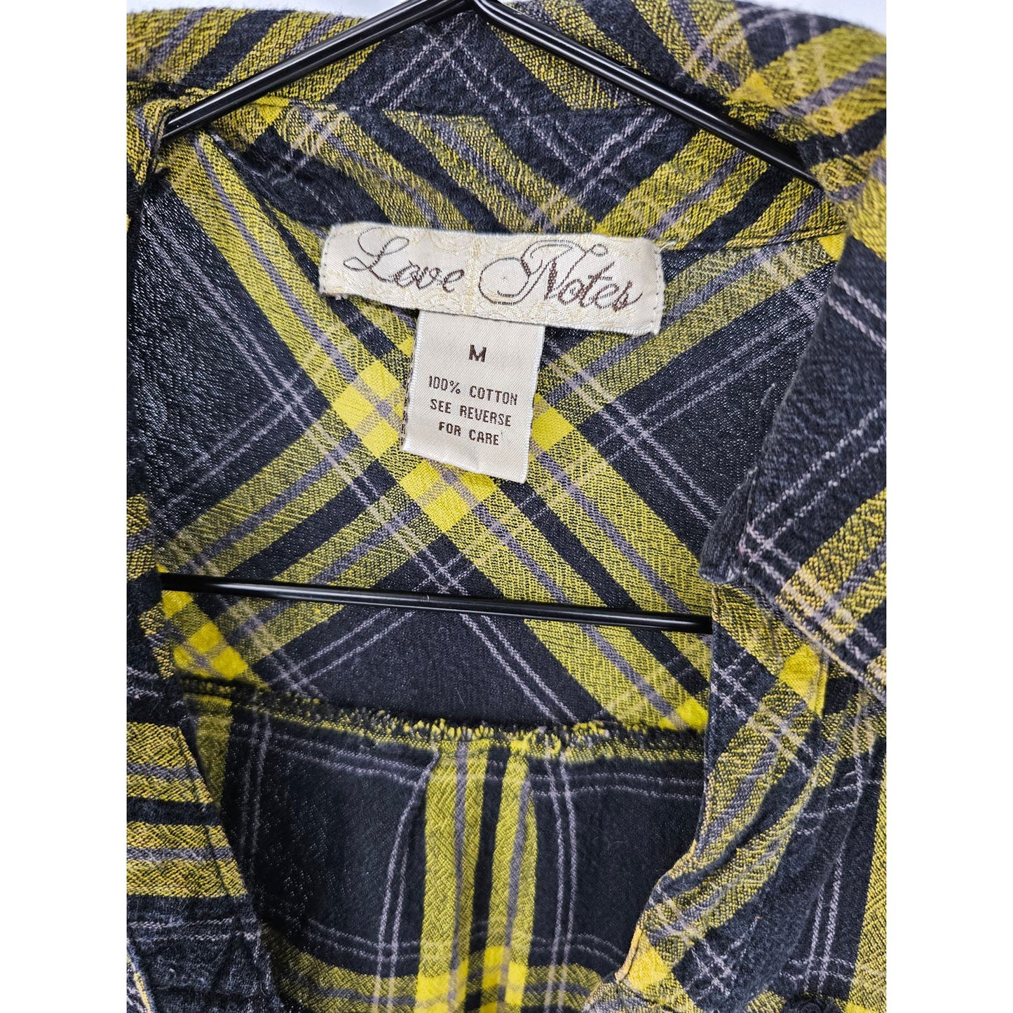 Love Notes Womens Sz M Tab Sleeve Pullover Plaid Shirt Black Yellow Cotton