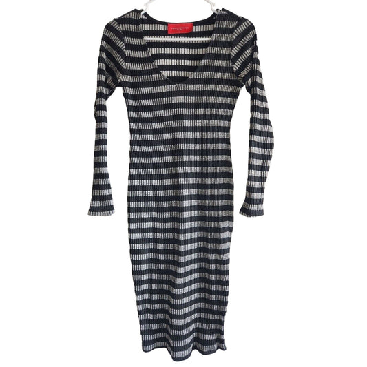 Akira Chicago Womens Sz L Ribbed Bodycon Sweater Dress Black White Striped