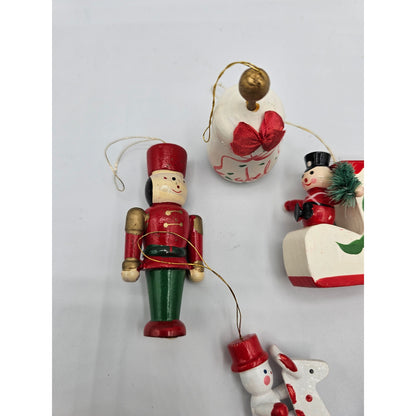 Lot of 5 Vintage Hand Painted Wooden Christas Ornaments Bell Soldier Boot