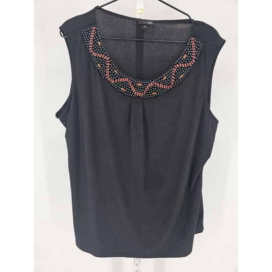 East 5th Womens Sz XL Sleeveless Blouse Black w/ Red Beaded Neckline