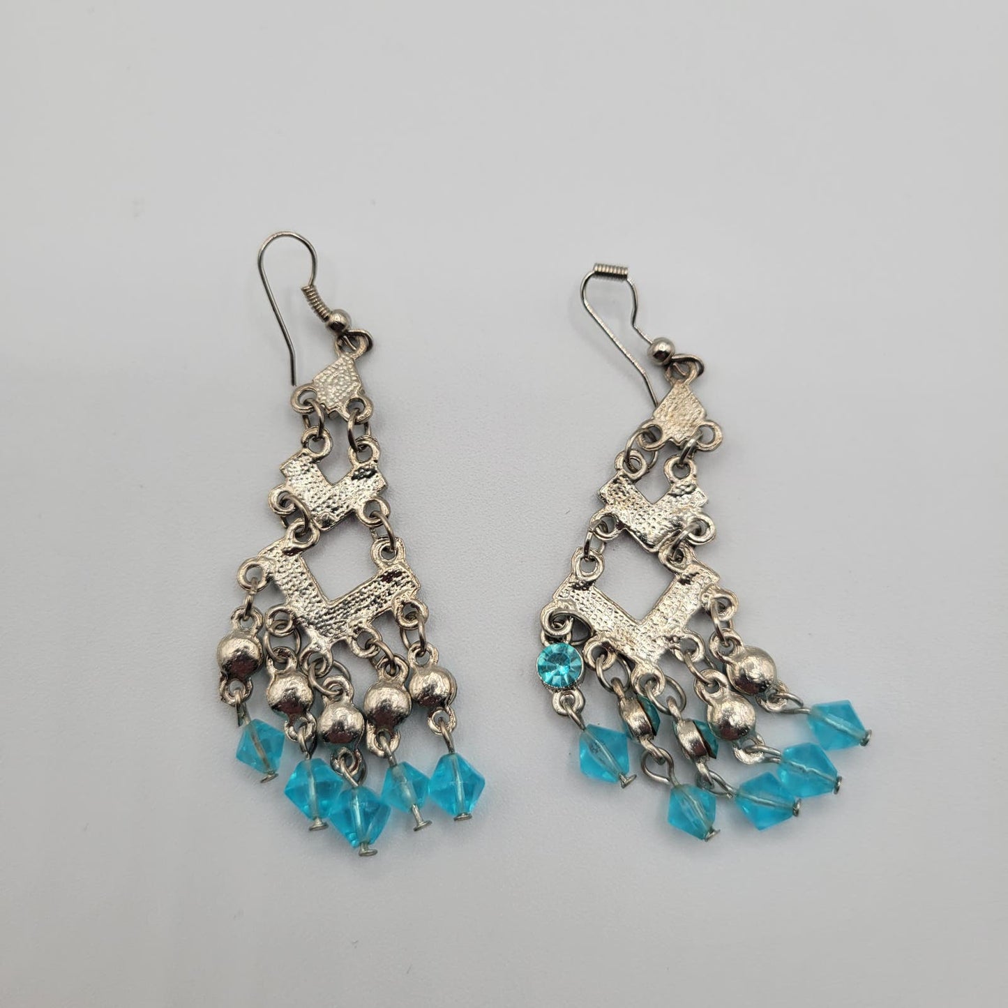 Vintage Y2K Dangle Earrings Silver Tone W/ Blue Rhinestones and Beads