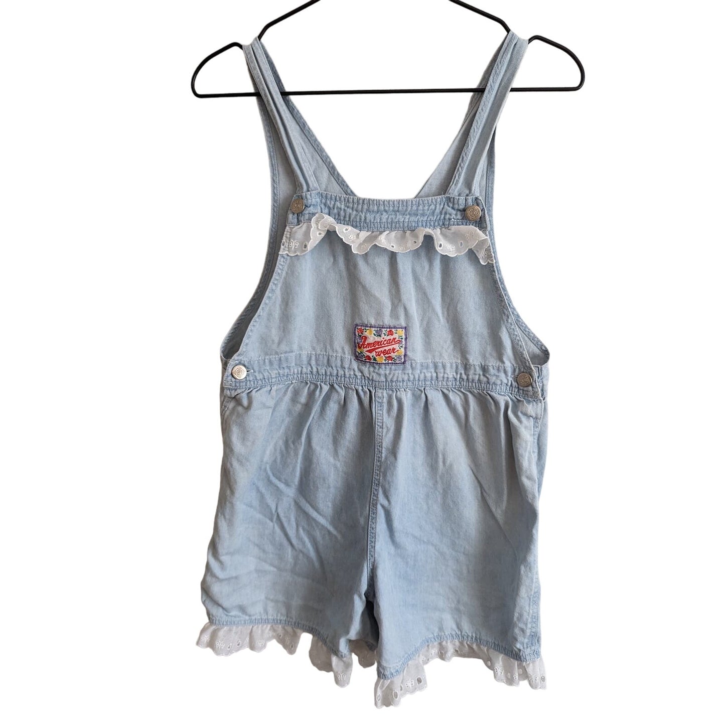 Vintage 1990s Girls Sz 14 Shortalls Overalls Blue Chambray Lace Trim