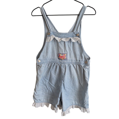 Vintage 1990s Girls Sz 14 Shortalls Overalls Blue Chambray Lace Trim