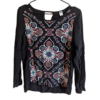 Old Navy Womens Sz XS Long Sleeve Blouse Black Mandala Floral Print