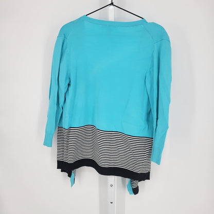 Grace Womens Sz L Open Front Cardigan Sweater Bright Blue Black White Striped