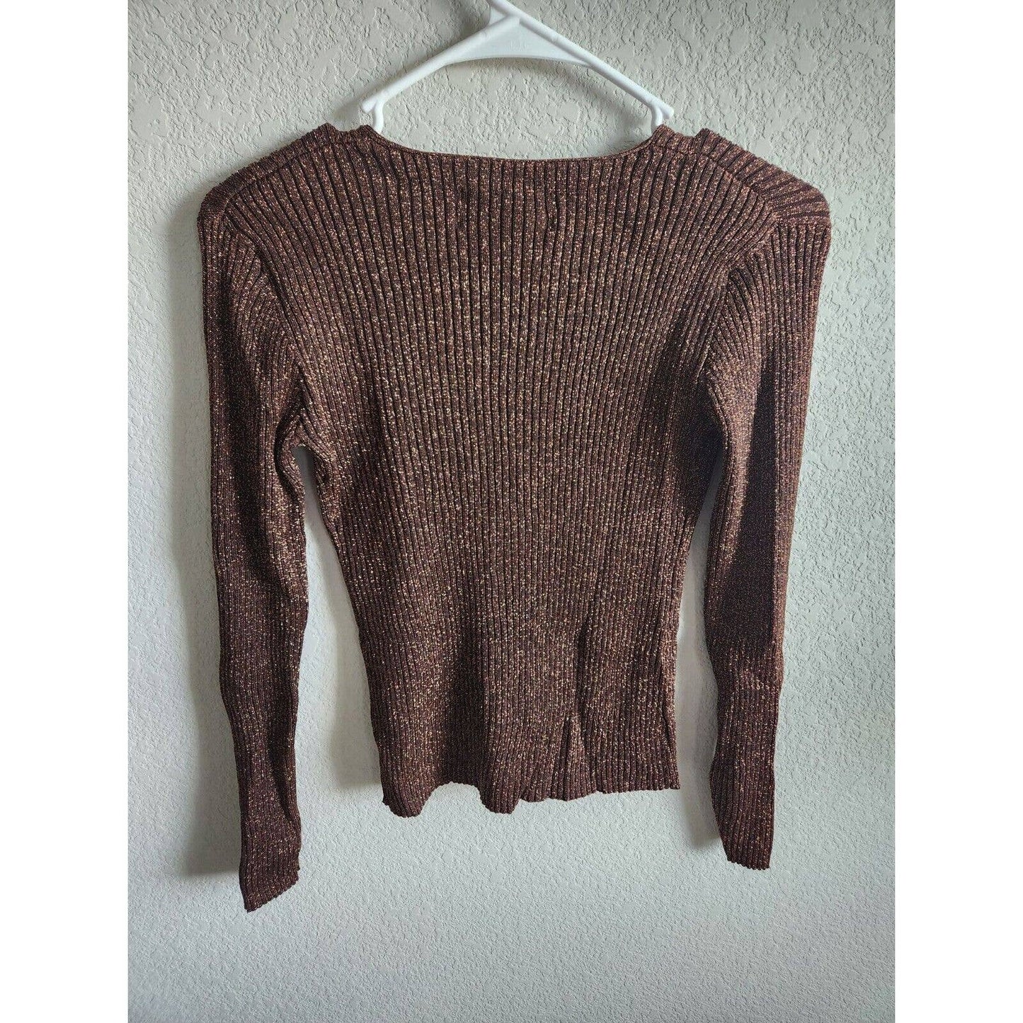 Joseph A Womens Sz M Brown and Gold MEtallic Weave Cardigan Sweater Vintage