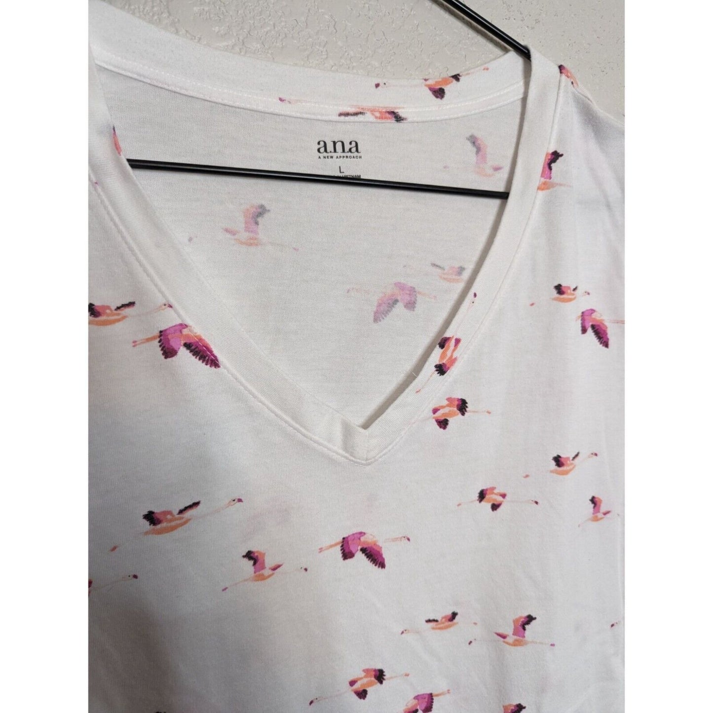 ANA A New Approach Womens Sz LL Short Sleeve T Shirt Pink White Bird Print