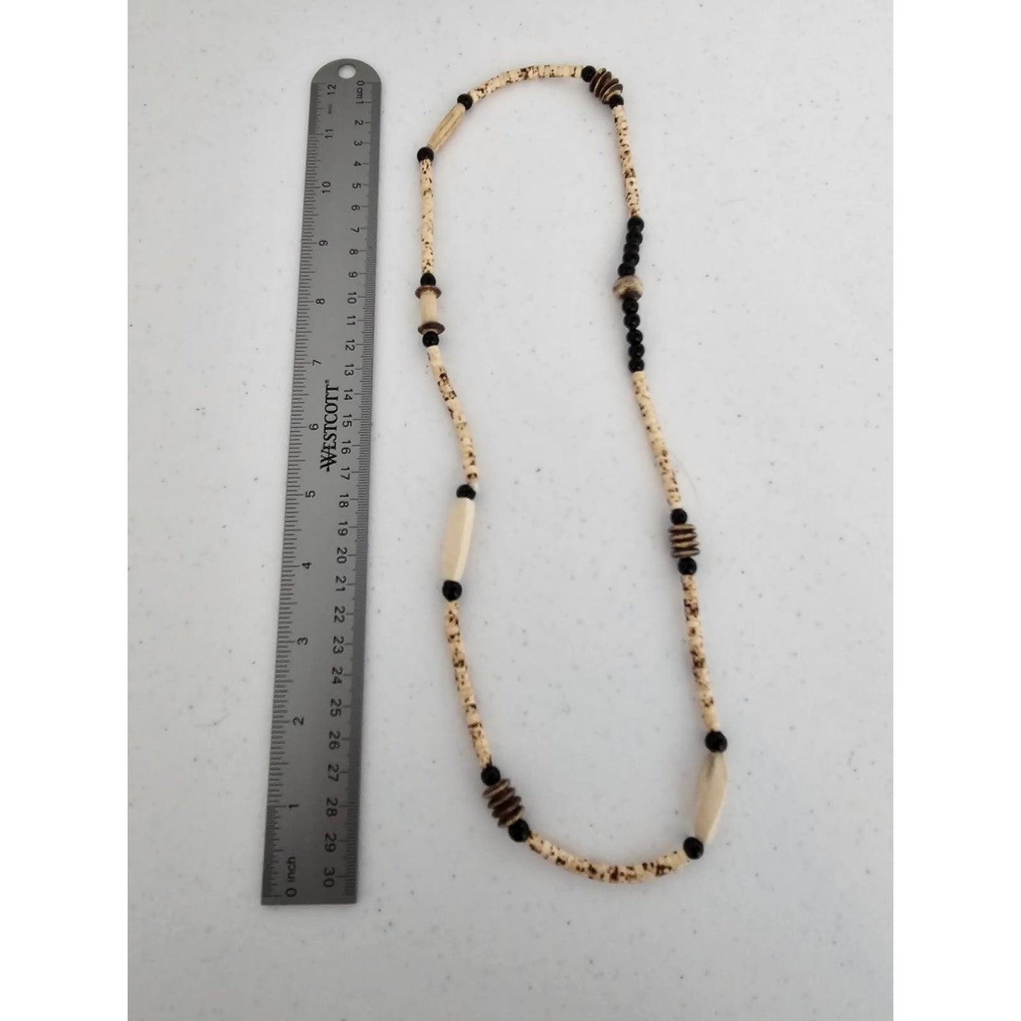 Vintage Mid Century Wooden Beaded Single Strand Necklace Beige Black Mod