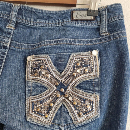 Earl Jean Juniors Sz 11 Straight Leg Medium Wash Blue Jeans Embellished Pocket