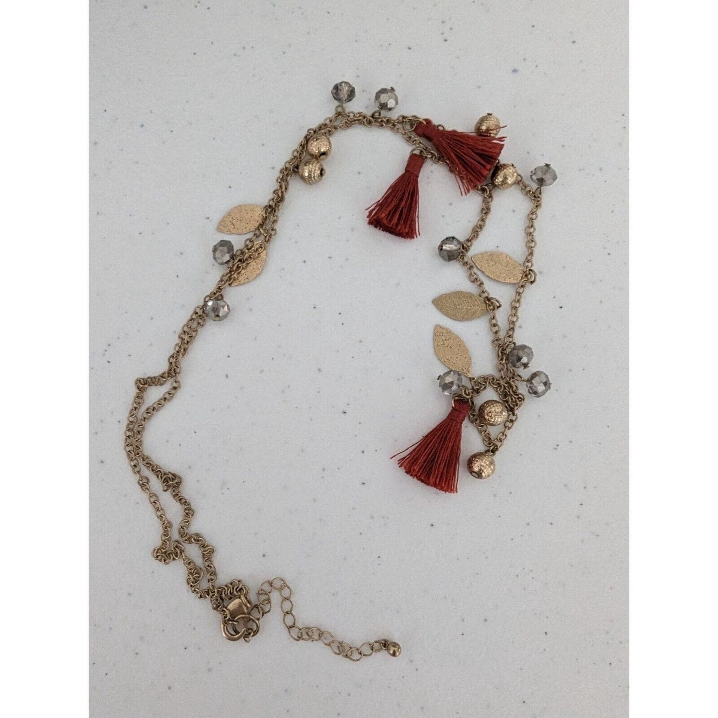 Womens Gold and Red Tassel Necklace w/ Leaf Charms and Beads Boho