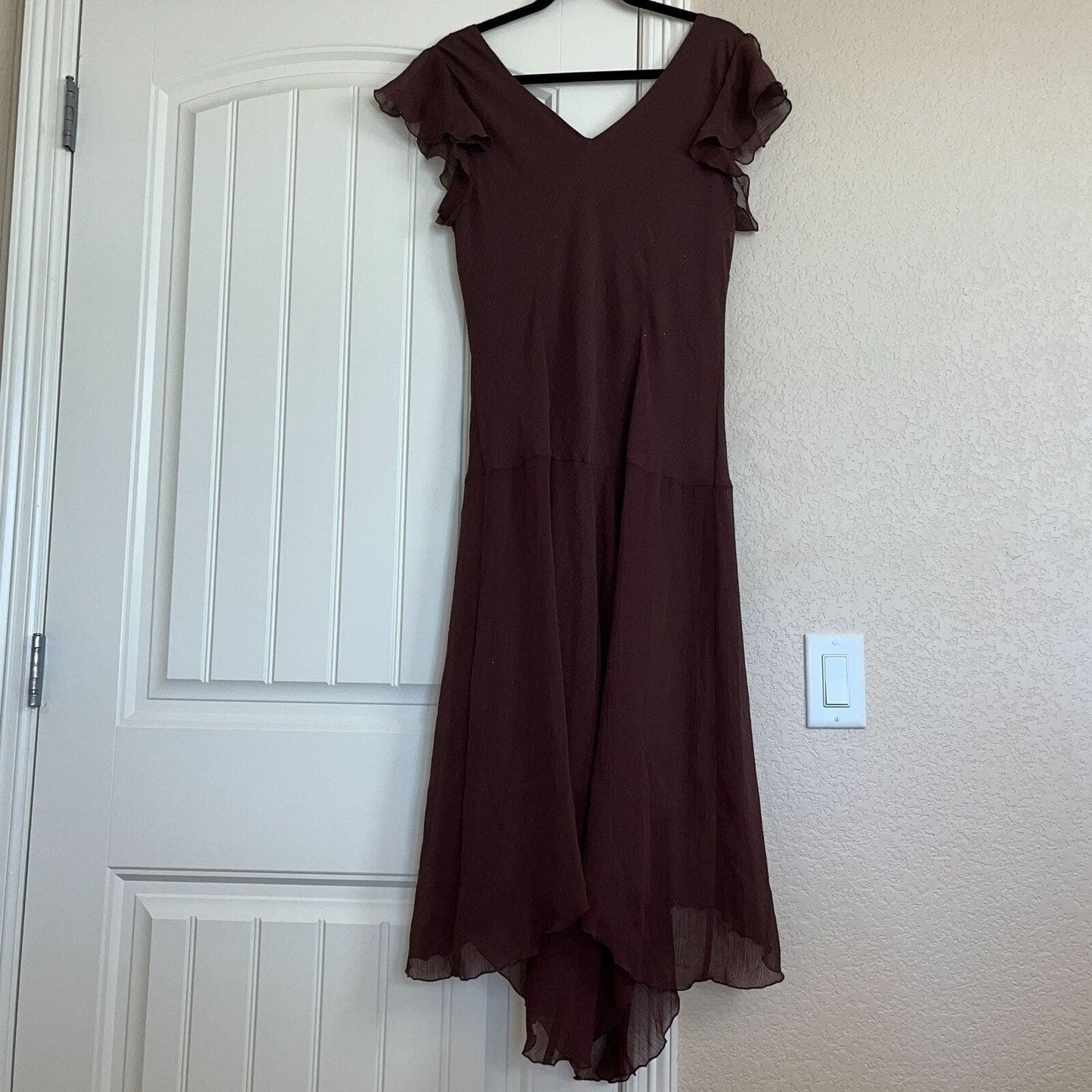 VTG 1990s Los Angeles Gal Girls Sz 16 Brown Chiffon Dress Flutter Sleeve